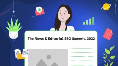 A woman holding a page with the title of 'The News & Editorial SEO Summit, 2022.'