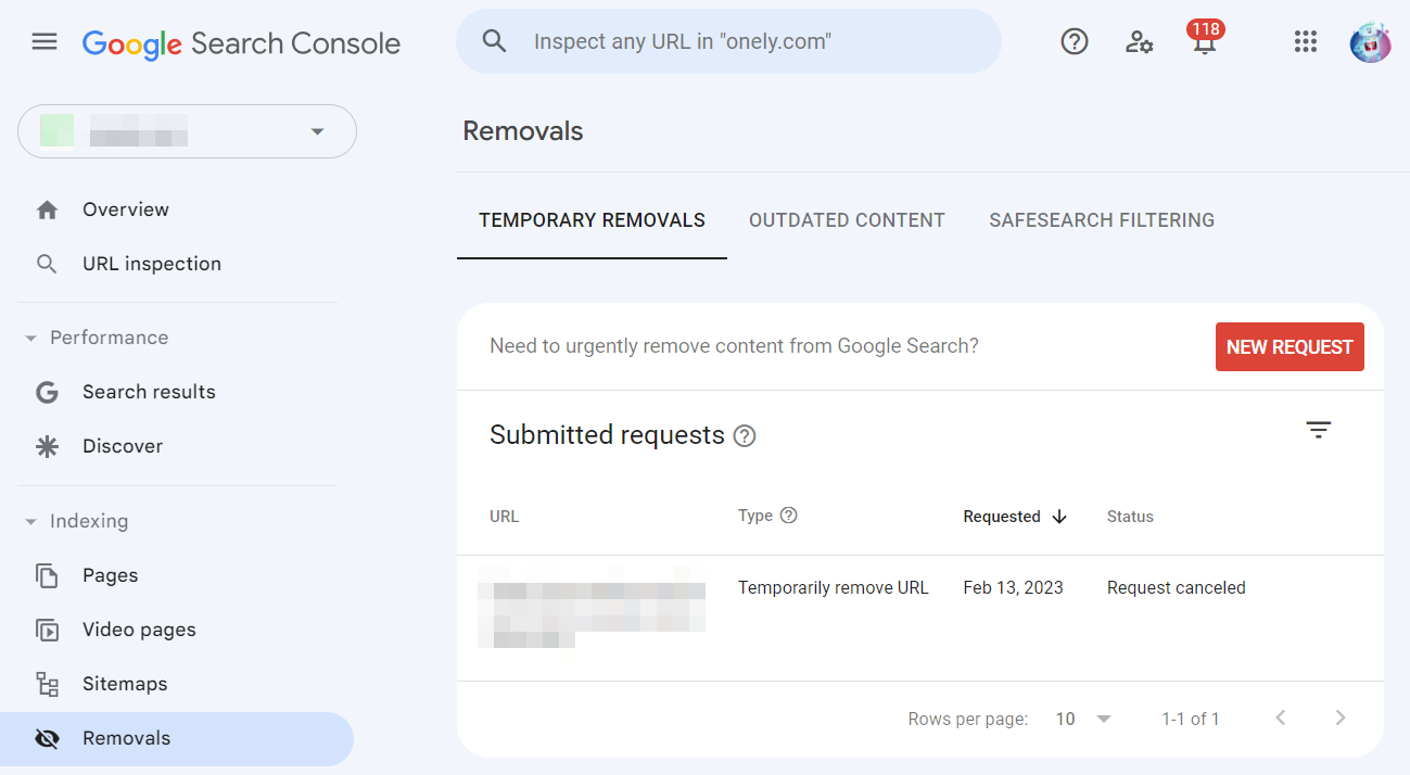 URL removal tool in Google Search Console