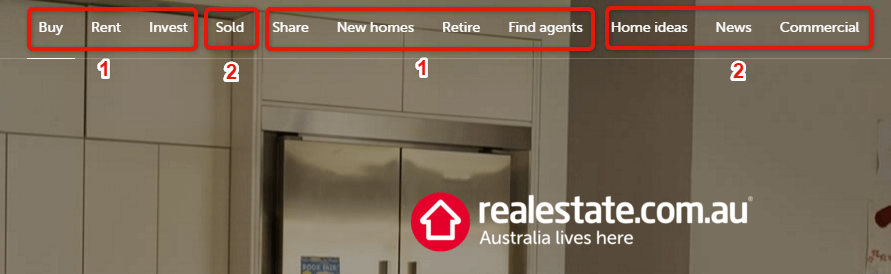 Information Architecture and SEO - transactional and informational pages divided in realestate.com.au top menu