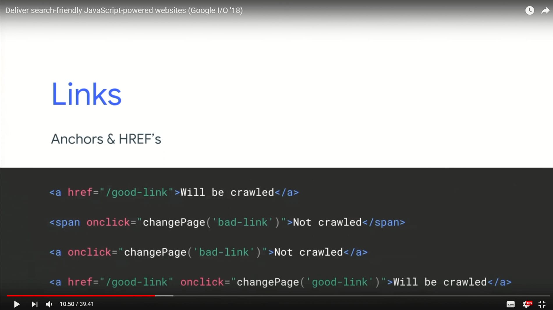 Screenshot from the Google I/O conference in 2018 about Anchors links & HREF links 