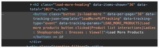 A screenshot from Chrome Dev Tools showing the DOM of hm.com