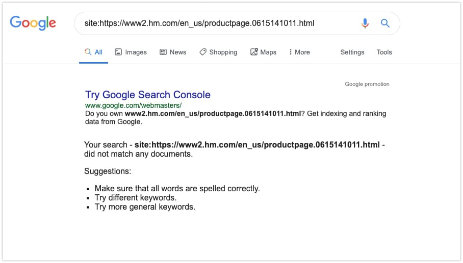 checking if a page from HM.com is indexed using the site command