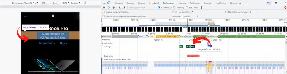 Identify the LCP element in the Timings section in Chrome DevTools and on the page's screenshot.