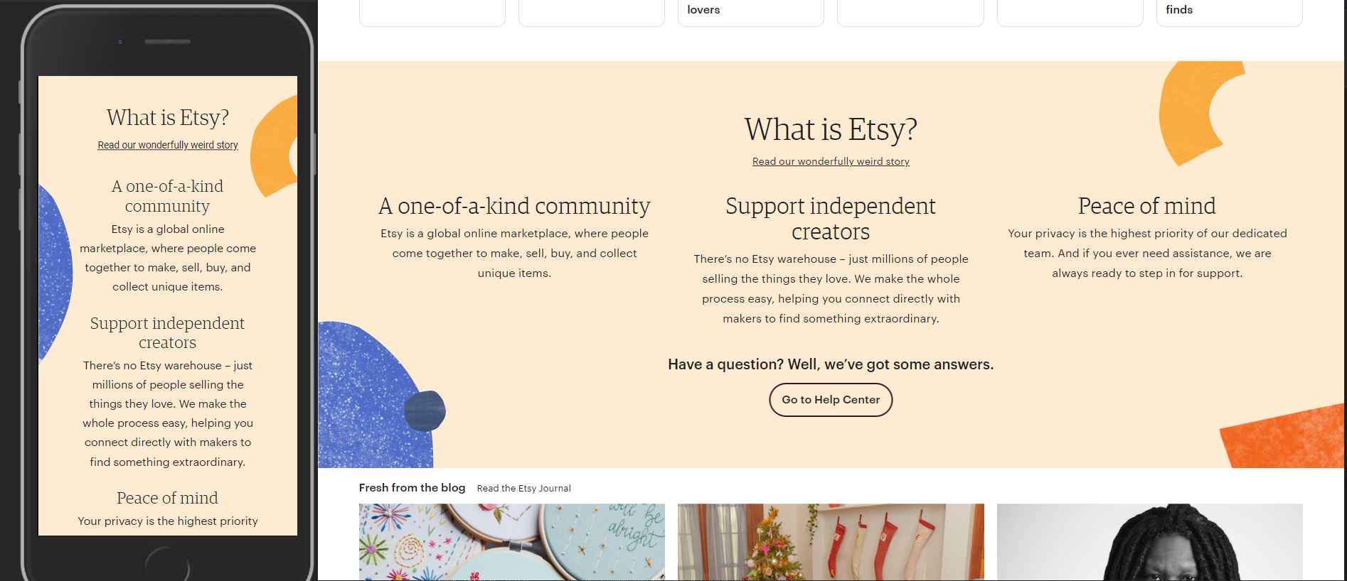 Etsy.com changes the layout on a mobile device to better display large text elements.