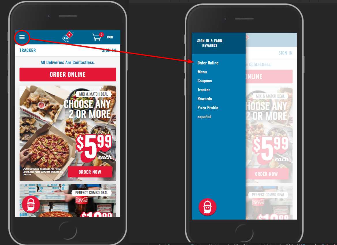Domino's take advantage of a hamburger menu to simplify the page layout on a mobile device.