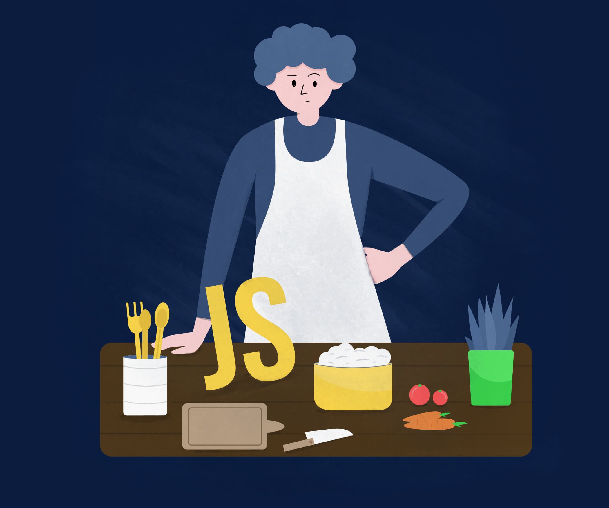 A person standing at the table with different ingredients, kitchen accessories, and the abbreviation of JavaScript on it.