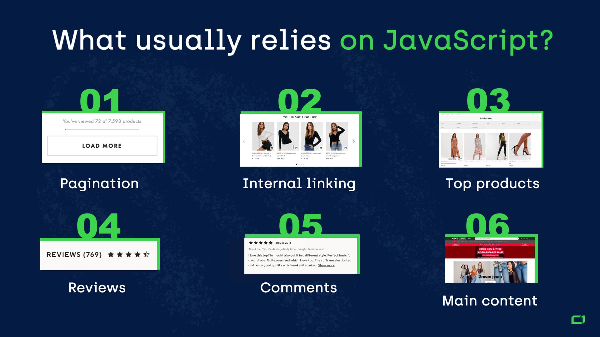 Page elements that usually rely on JavaScript are pagination, internal linking, top products, reviews, comments, main content.