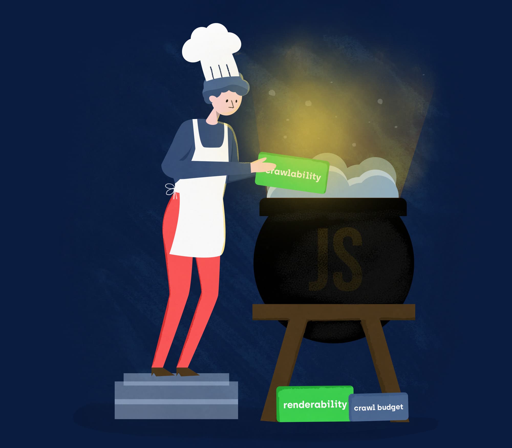 A cook adds a 'crawlability' ingredient to a kettle signed with JavaScript abbreviation.
