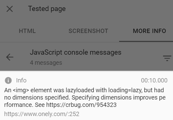 By clicking on the More info tab, you can easily check if any JavaScript errors occurred while Google was trying to render your content. 