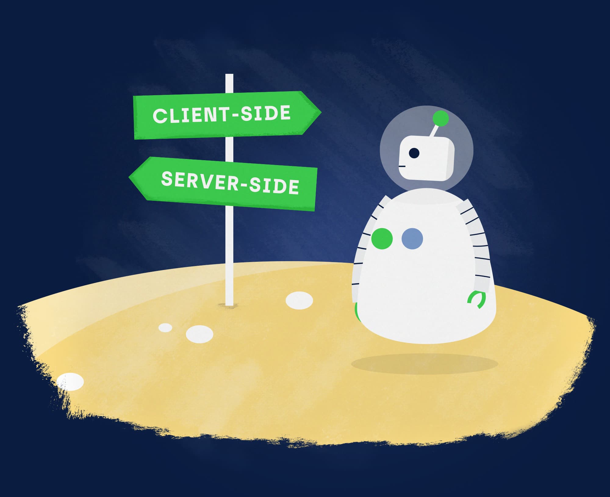 A robot next to a signpost showing the way to both client-side and server-side (rendering.)