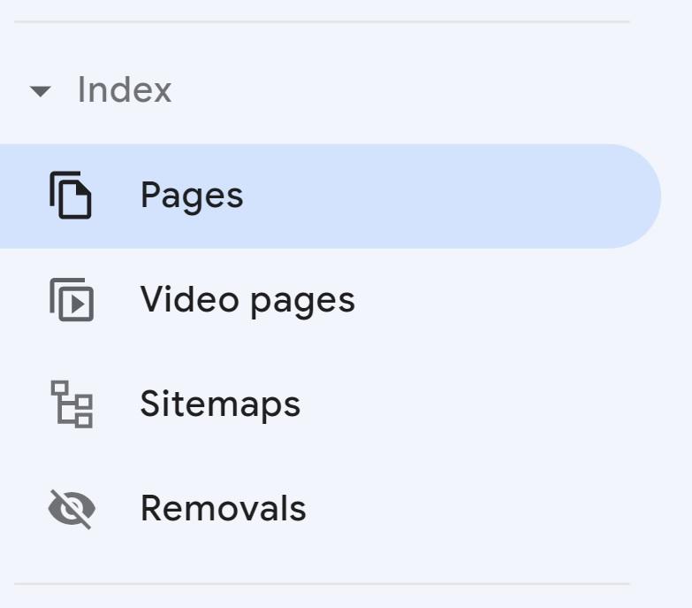 Screenshot of the Index tab in Google Search Console.