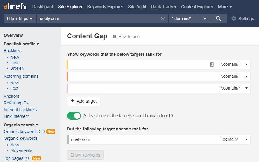Ahrefs lets you look up the content gap between you and your competitors