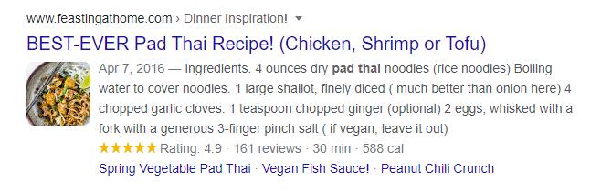 An example of a rich result displayed for a recipe page