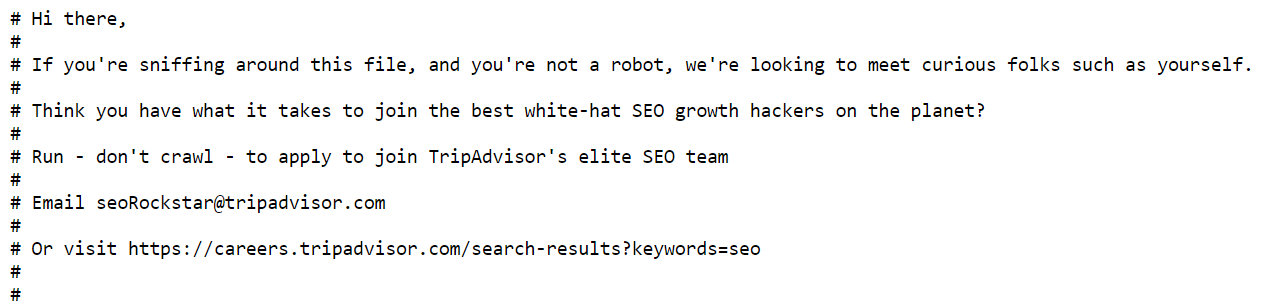 TripAdvisor has an easter eggs in robots.txt that is a job offer for SEOs