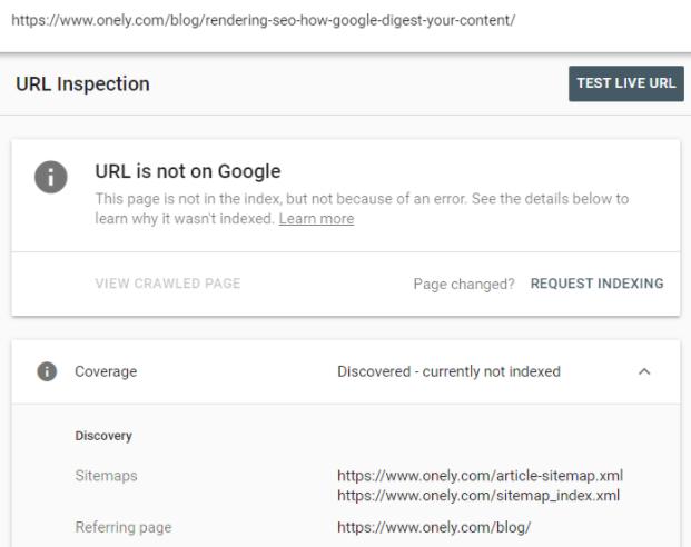 Screenshot of URL Inspection tool showing the URL is not on Google