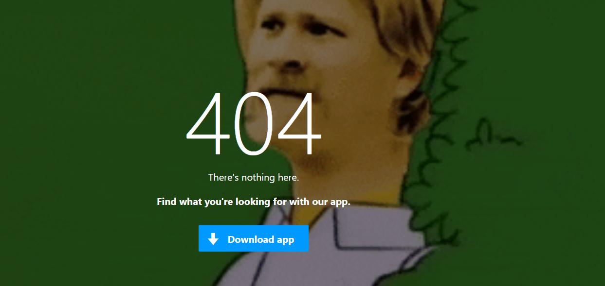 9gag's custom 404 page contains a meme and a link to download the app.