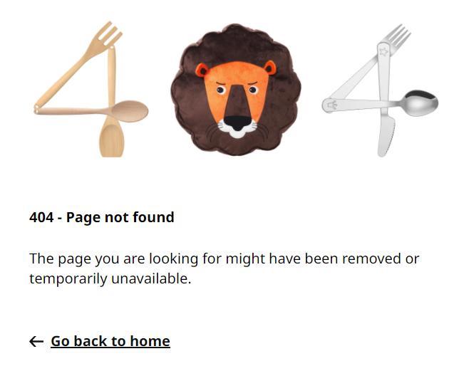 IKEA custom 404 page: The number 404 is arranged with cutlery and a plush toy.