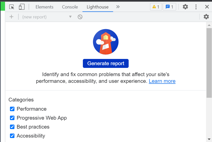 accessing lighthouse in chrome devtools