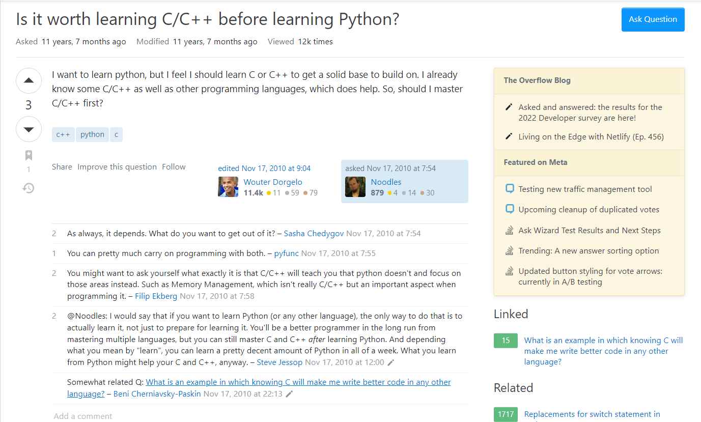 A screenshot from StackOverflow showing a clearly structured thread about learning Python.