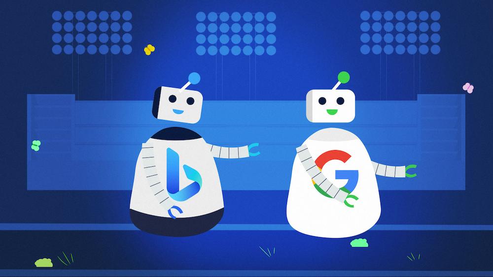 robots with Bing's and Google's logos
