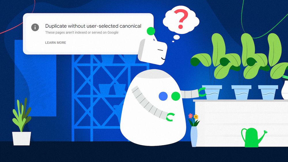 The robot tries to blindly select a potted flower from among several identical plants.