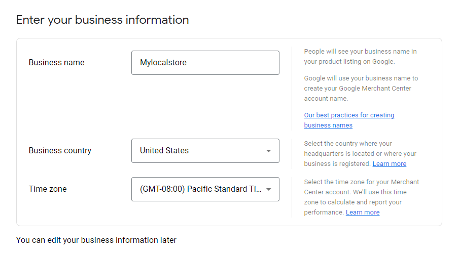 enter business information in google merchant center