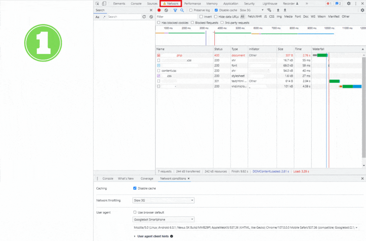 4 steps to simulate the Googlebot user agent in the browser in Chrome DevTools.