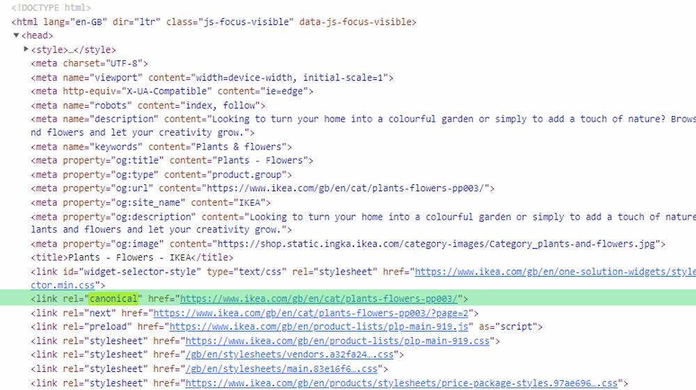The code of one of ikea.com's pages with the canonical tag highlighted.