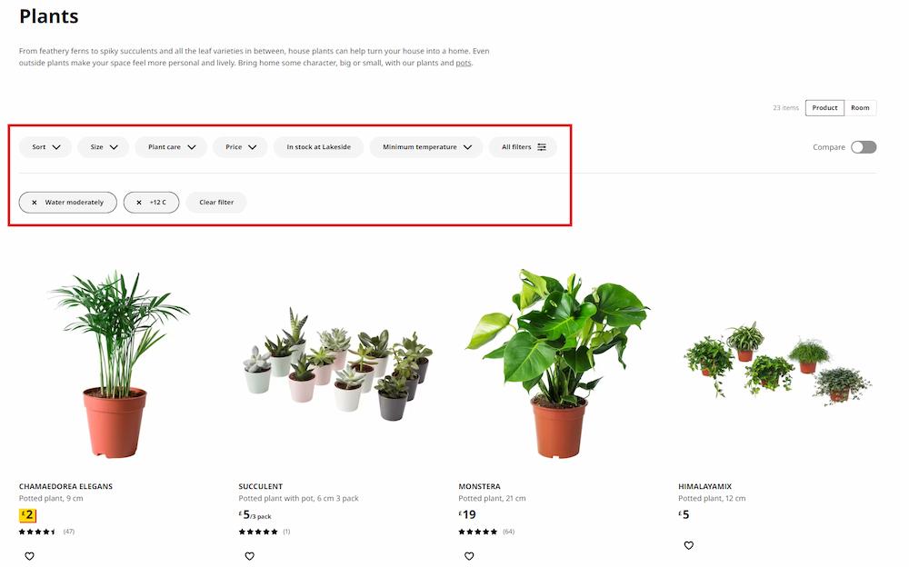 The filtering options on one of the category pages of ikea.com, like 'Size' or 'Price.'