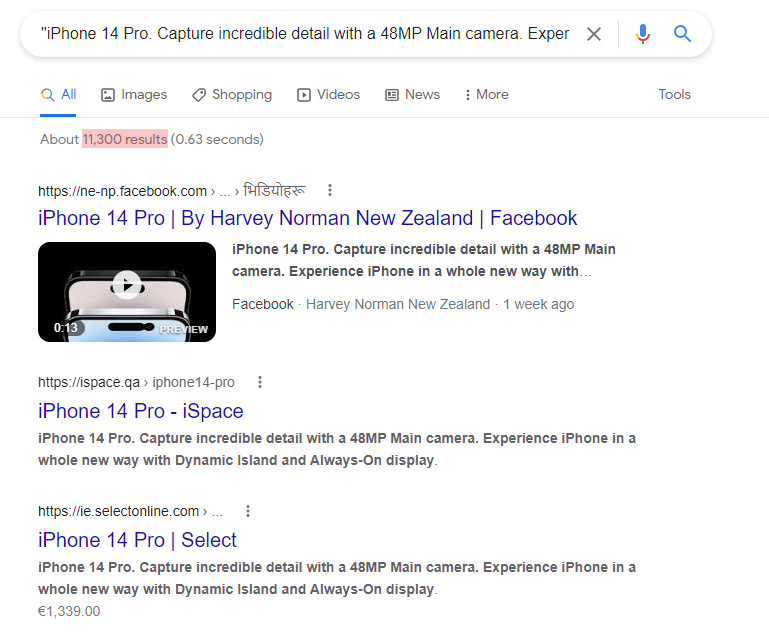 You can find about 11,300 search results on Google outlining a product description of the iPhone 14 Pro.