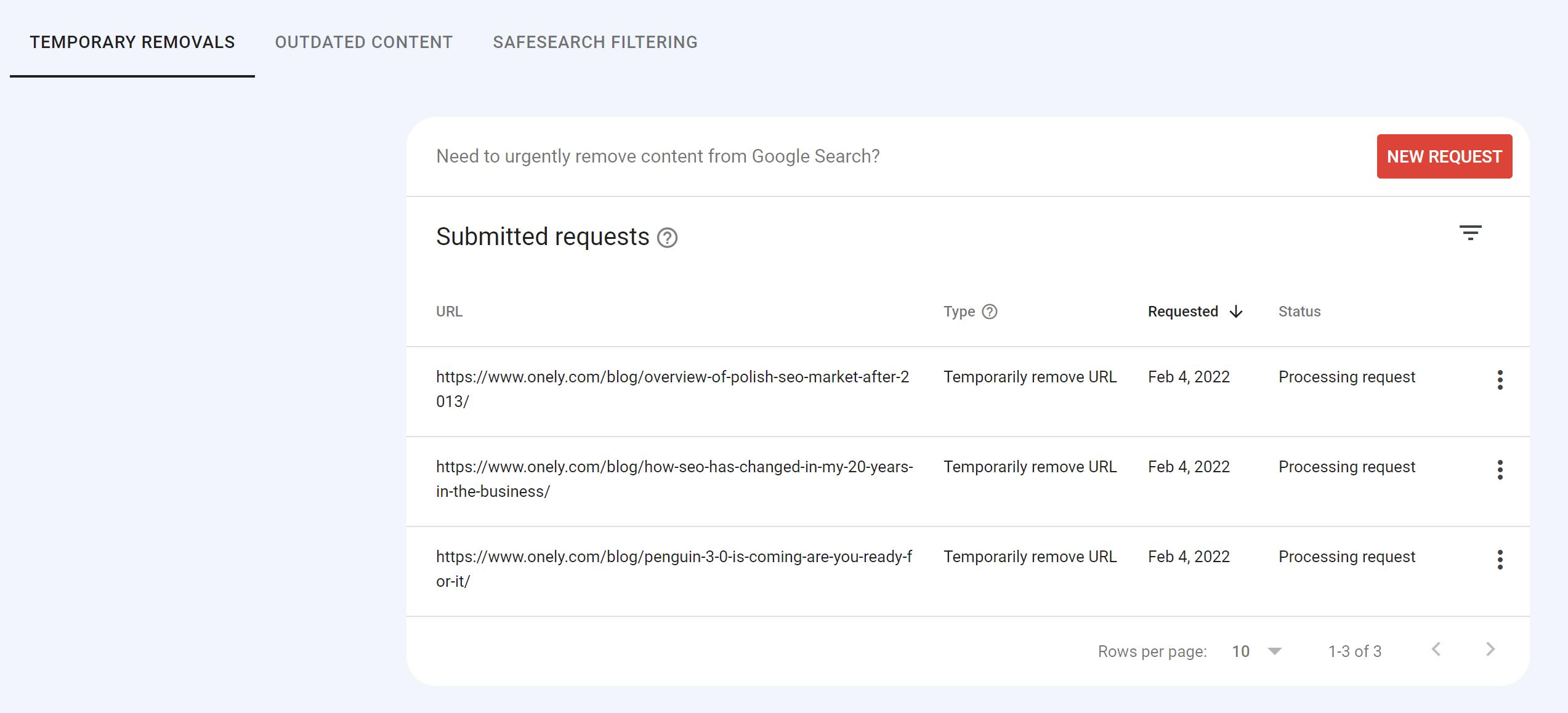 Screenshot of the URL removal tool in Google Search Console