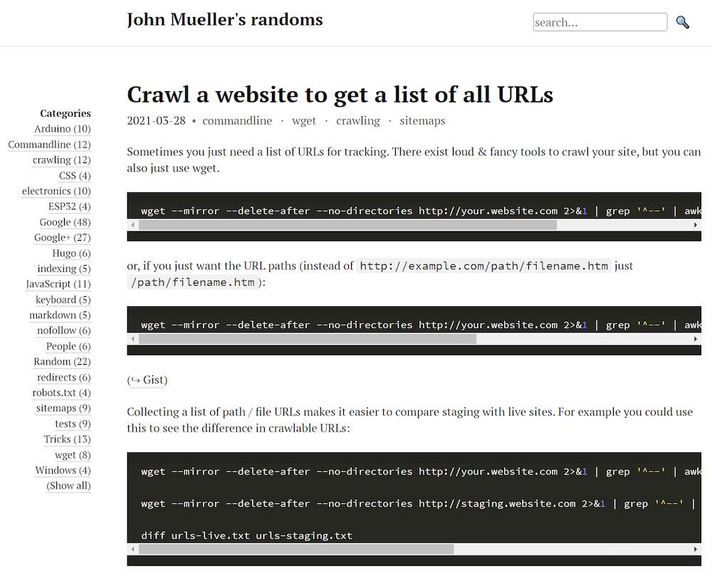 Posting blog John Mueller tentang wget telah di-deindex oleh Google