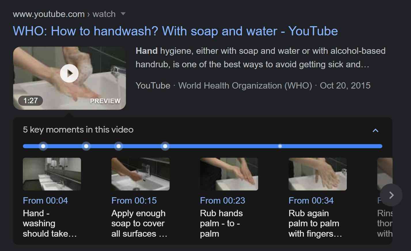 An example of video search result with five Key Moments detailed.