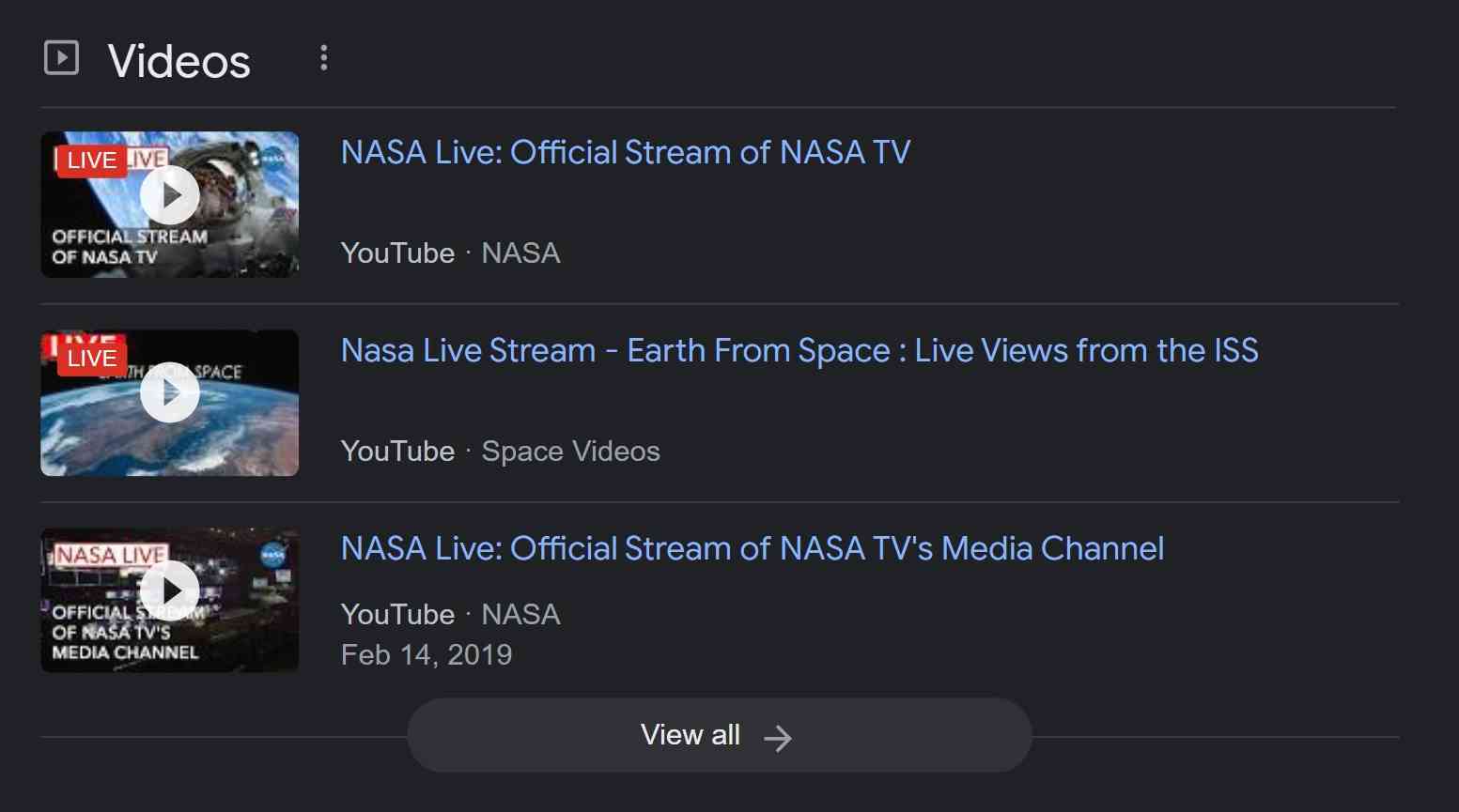 List of NASA live streams on Google Search with visible red LIVE badge.