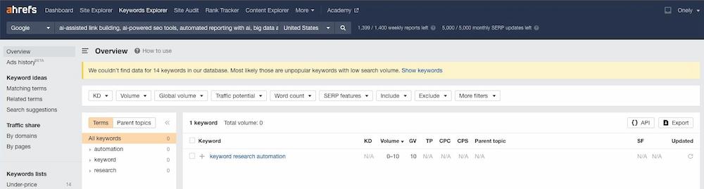 ChatGPT didn't include the search volume for keywords it generated, so you can check it in Ahrefs. 