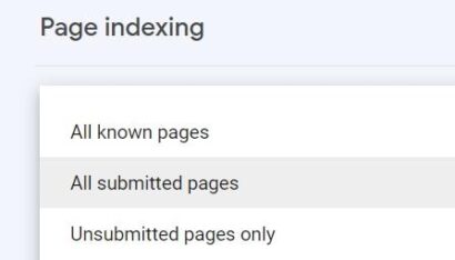 A screenshot showing how to filter your pages in Google Search Console.