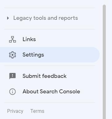A screenshot showing how to access Settings in Google Search Console.