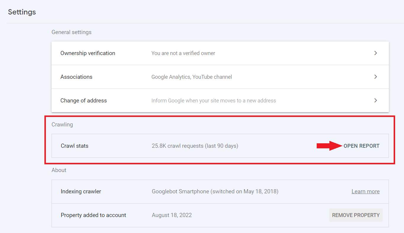 A screenshot showing how to open the Google Search Console's Crawl Stats report.