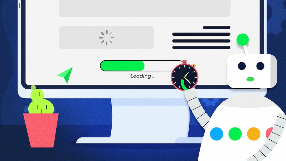 A hero image for the article about Total Blocking Time: a robot, with a clock in a hand, measures the loading time for a page in the background.