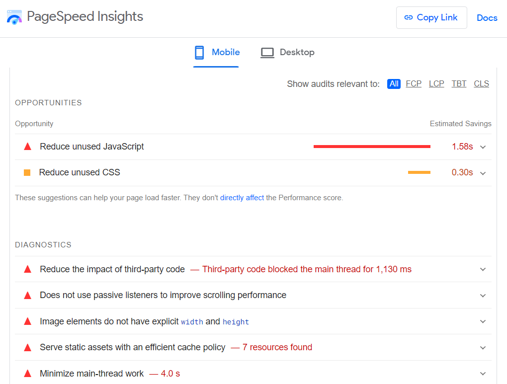 Google PageSpeed Insights Opportunities